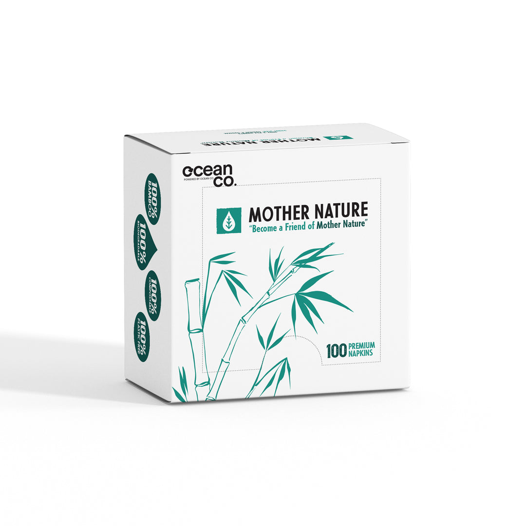 box of napkins with turquoise branding on the sides with bamboo plants also.