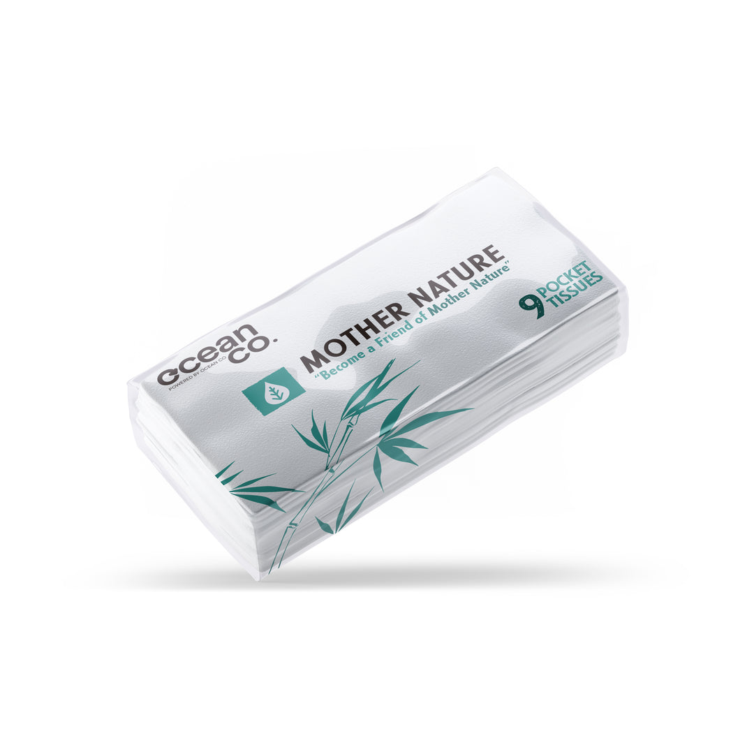 a white packet of luxury pocket tissues with some turquoise branding and images on the front.