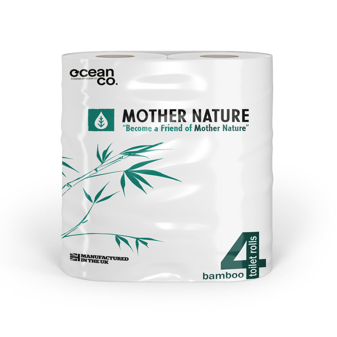 4 Pack of toilet roll with dark turquoise writing and images with the mother nature logo on the front
